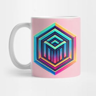 Hexagon with multiple colors which in turn contains smaller geomatric figures also of multiple colors. Mug